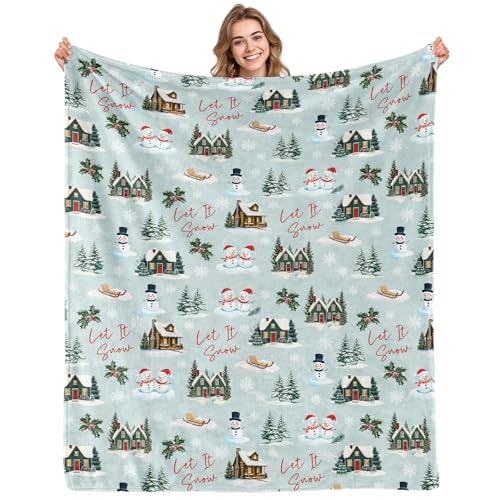 Aimego Snowflake Blanket Gifts for Girls Boys Christmas Snowman Blankets for Women Men Snow Print Green Throw Blanket for Winter Bedding Couch Living Room(50X60 Inch) - color: Snowing, size: 50x60 Inch