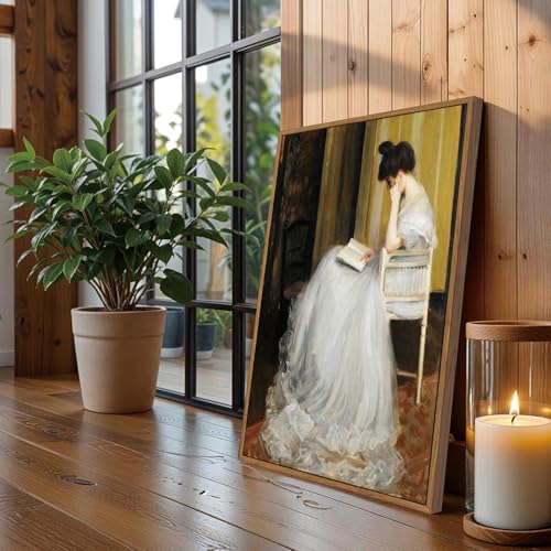 Victorian Lady Reading Framed Canvas Wall Art 12x16 inch - color: White dress, size: 12"x16" Natural