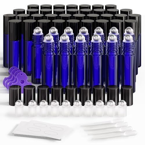 ULG Essential Oil Roller Bottles 48 Pack 10ml Cobalt Blue Glass Empty Bottles with Stainless Steel Roller Balls (10 Extra Roller Balls, 4 Openers, 4 Droppers, 48 Waterproof Labels) - color: Blue, size: 48-Pack