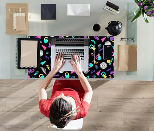 Retro 80s Desk Mat, Cute 90s XXL Large Gaming Mouse Pad, Black Boho Desk Pad with Stitched Edges, Computer Laptop Keyboard and Mouse Mat, Aesthetic Office Decor Non-Slip Mosuepad, 31.5x15.75 in - color: Black Boho