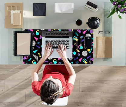 Retro 80s Desk Mat, Cute 90s XXL Large Gaming Mouse Pad, Black Boho Desk Pad with Stitched Edges, Computer Laptop Keyboard and Mouse Mat, Aesthetic Office Decor Non-Slip Mosuepad, 31.5x15.75 in - color: Black Boho