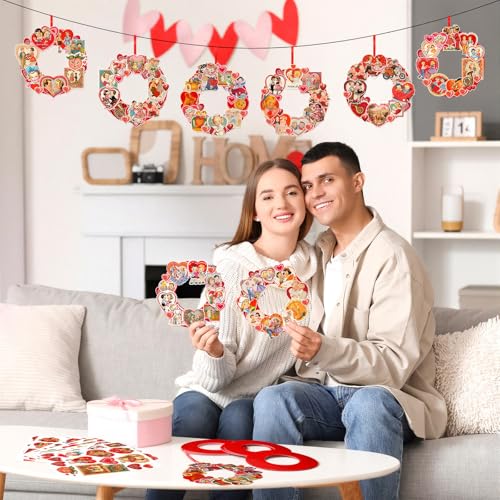 Hollowfly 48 Sets Vintage Valentine DIY Wreath Craft Kit for Kids Classroom - style: Vintage Valentine's Day