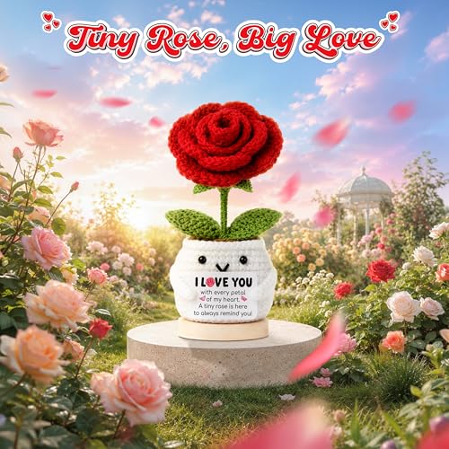 Positive Crochet Rose Flower Gift for Her, Romantic Anniversary Valentines Day I Love You Birthday Gift for Girlfriend Wife Husband, Encouragment Positive Gifts for Couples Husband Mom Grandma - color: Rose