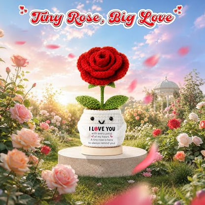 Positive Crochet Rose Flower Gift for Her, Romantic Anniversary Valentines Day I Love You Birthday Gift for Girlfriend Wife Husband, Encouragment Positive Gifts for Couples Husband Mom Grandma - color: Rose