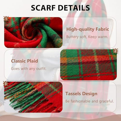 Clothirily Womens Winter Scarf, Oversized Long Blanket Plaid Shawl Wrap - color: Red & Green Plaid
