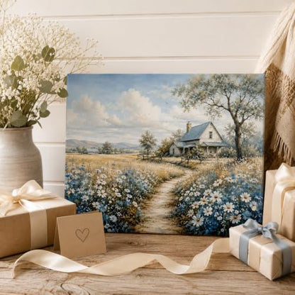 Farmhouse Landscape Framed Canvas Wall Art Wildflower Picture 12x16 Inches - color: Farmhouse Landscape, size: 16"L x 12"W