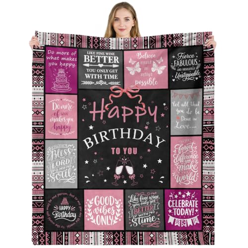 Happy Birthday Throw Blanket for Women 50x60 Inch Birthday Gifts Motivational Quotes Soft Cozy Pink Black Celebration Blanket - color: Happy Birthday 1