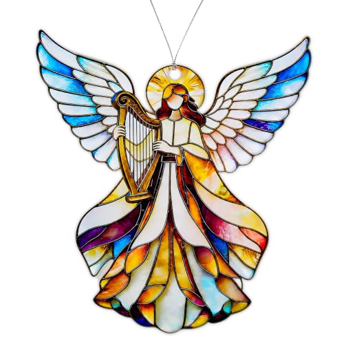 Guardian Angel Playing Harp Ornament, Stained Glass Style Acrylic Hanging Decoration for Christian Home Decor, Inspirational Religious Gift for Mom, Grandma, Friend, Christmas Tree Ornament - color: Angel With Harp
