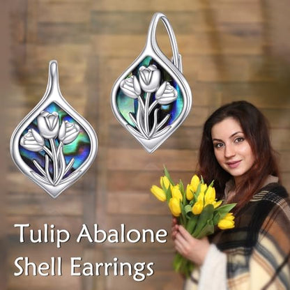 Celtic Trinity Knot Earrings for Women 925 Sterling Silver Triquetra Knot Leverback Abalone Shell Irish Jewelry Tree of Life Gift - style: tulip