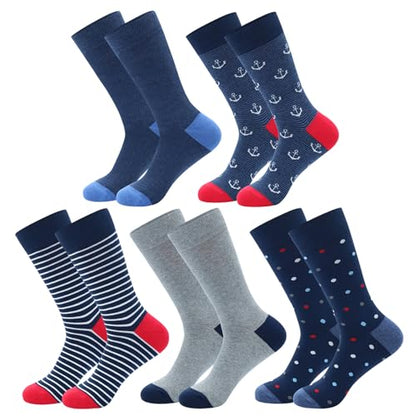 Men's Colorful Striped Dress Socks, 5-Pack Cotton, Sock Size 10-13 - color: Navy Blue Solid & Pattern Mix