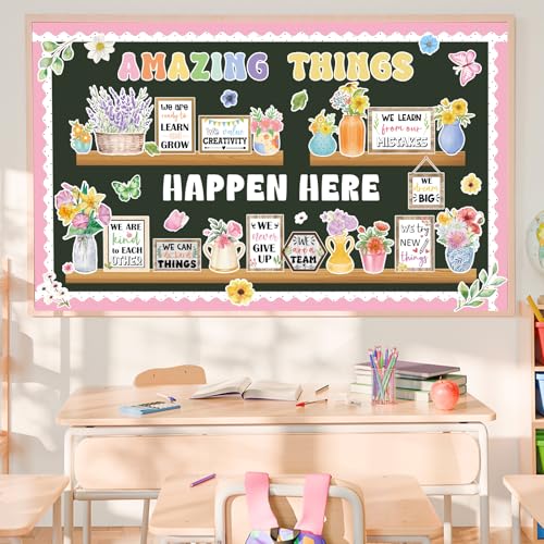 74pcs Back to School Bookshelf Bulletin Board Decorations Amazing Things Happen Here Paper Cutouts Floral Cards Motivational Cutout Classroom Decor for Classroom School Offices Chalkboard Wall Decor - style: Spring Floral