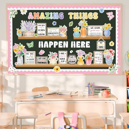 74pcs Back to School Bookshelf Bulletin Board Decorations Amazing Things Happen Here Paper Cutouts Floral Cards Motivational Cutout Classroom Decor for Classroom School Offices Chalkboard Wall Decor - style: Spring Floral