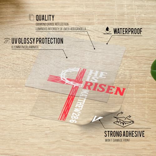 Premium He is Risen Cross Decal – Christian Jesus Car Sticker with Bible Verse Matthew 28:6, Durable Weatherproof Religious Vinyl Window Decal Size 6x6 inches