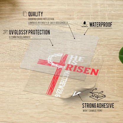 Premium He is Risen Cross Decal – Christian Jesus Car Sticker with Bible Verse Matthew 28:6, Durable Weatherproof Religious Vinyl Window Decal Size 6x6 inches