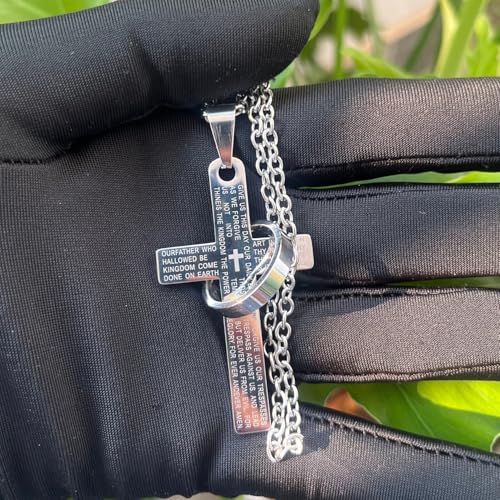 Lord's Prayer Engraved Cross Pendant Necklace with Ring Stainless Steel Religious Jewelry for Men and Women, Faith-Inspired Gift - color: Silver