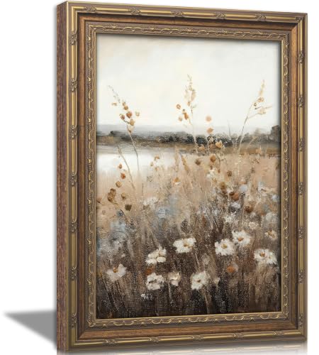 Vintage Gold Framed Wildflower Field Wall Art, Daisy Floral Wall Decor - color: Autumn Wildflowe, size: 12"L x 16"W