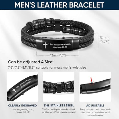 Men's Cross Bracelet Handsome Inspirational Quote Bible Verse Engraved Black Braided Leather Bracelets for Men Religious Jewelry Christmas Baptism Confirmation Christian Gifts for Son Husband Man - style: 04: I am with you always