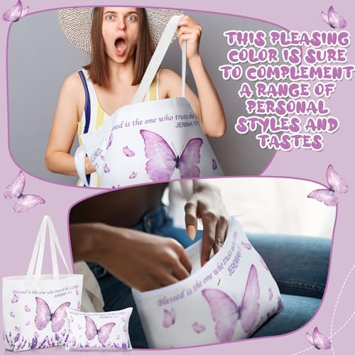 Reginary 2 Pcs Canvas Tote Bag Makeup Pouch Set - color: Purple, style: Butterfly Lavender