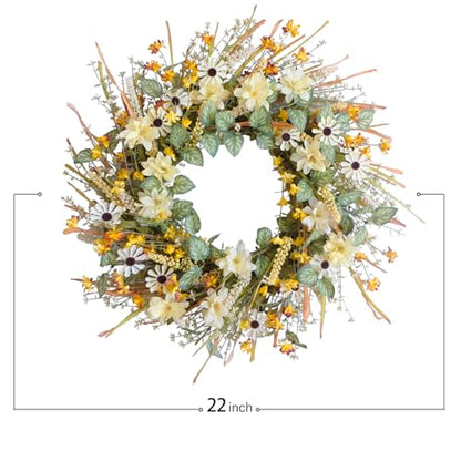 idyllic 22 Inches Spring Wreath for Front Door with Yellow and White Daisies Flowers, Ear of Wheat, Green Leaves, Fall Harvest Wreath for Festival Thanksgiving Farmhouse Wall Home Decor - size: 22 Inch