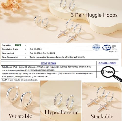 3Pairs Gold Cross Earrings for Women Hoops Huggie Earrings Stack Set - color: Silver-3