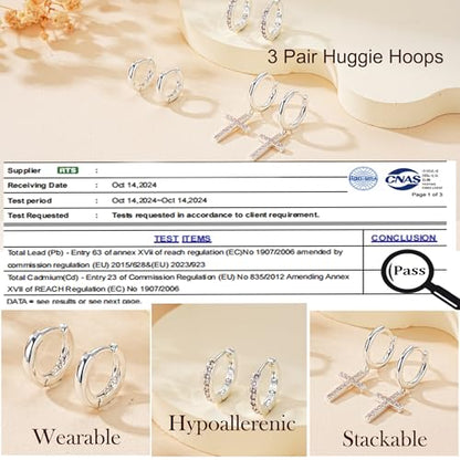 3Pairs Gold Cross Earrings for Women Hoops Huggie Earrings Stack Set - color: Silver-3