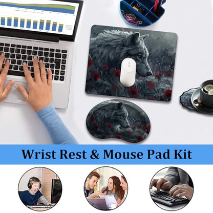 Mouse Pad 9.4"x7.9" + Wrist Support Pad + Embroidered Cup Pad Non-Slip Set, Ergonomic Mouse Wrist Support Pad, Suitable for Office/Gaming/Home Use, Wolf and Rose - color: Wolf and Rose