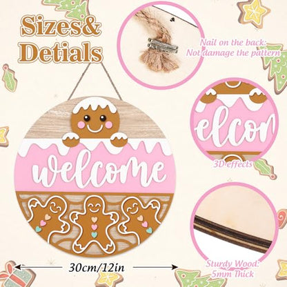JarThenaAMCS Winter Welcome Door Sign Pink Brown snow Gingerbread Man Wooden Front Door Hanging Sign 3D Round Outdoor Hanger for Party Home Wall Porch Decorations, 12 Inch - style: Gingerbread Man