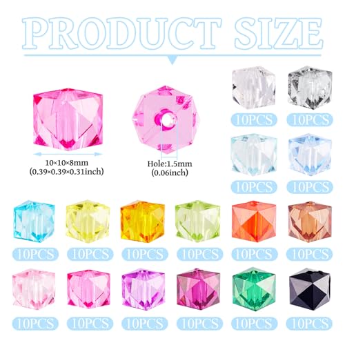 FASHEWELRY 160Pcs Clear Acrylic Cube Beads 10mm Square Crystal Beads Transparent Faceted Kandi Bead Colorful Cube Spacer Bead for Bracelets Necklace Earring DIY Jewelry Making - color: Cube-16 Colors