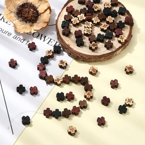 DanLingJewelry 80Pcs 4 Styles Wood Cross Shaped Beads Mini Wooden Crucifix Cross Spacer Beads for Rosary Jewelry Making DIY Crafts