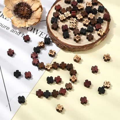 DanLingJewelry 80Pcs 4 Styles Wood Cross Shaped Beads Mini Wooden Crucifix Cross Spacer Beads for Rosary Jewelry Making DIY Crafts