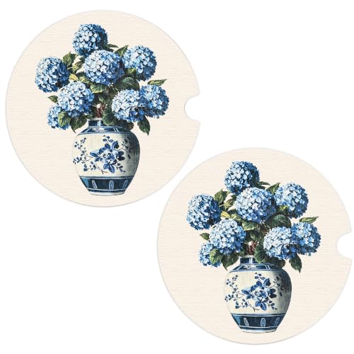 Chinoiserie Car Coasters Set of 2, Hydrangea Car Ceramic Accessories, 14 - color: Chinoiserie