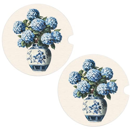 Chinoiserie Car Coasters Set of 2, Hydrangea Car Ceramic Accessories, 14 - color: Chinoiserie