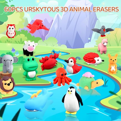 URSKYTOUS 60Pcs Animal Erasers Kids Desk Pets Pencil Erasers 3D Puzzle Bulk Mini Animal Eraser Toys Fun Cute Eraser for Classroom Rewards, Game Prizes, Treasure Box, Easter Egg Fillers - style: 60Pcs
