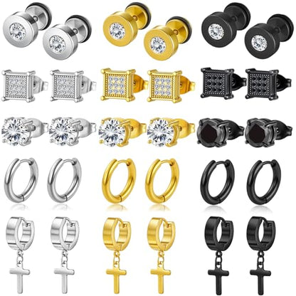 15 Pairs Stainless Steel Earrings for Men Women Hypoallergenic Inlaid Cubic Zirconia Studs Hoop Earring Cross Dangle Earrings Set, Fashion Ear Piercing Jewelry Gift