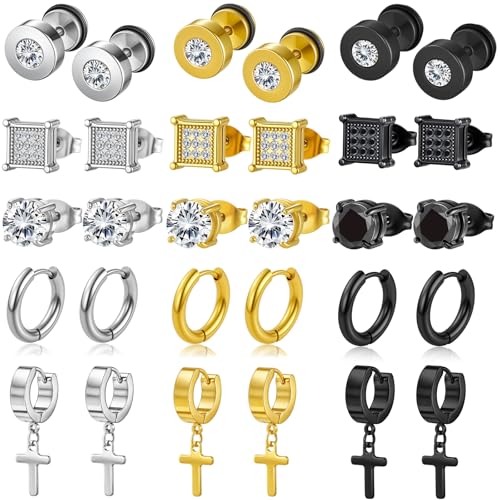 15 Pairs Stainless Steel Earrings for Men Women Hypoallergenic Inlaid Cubic Zirconia Studs Hoop Earring Cross Dangle Earrings Set, Fashion Ear Piercing Jewelry Gift
