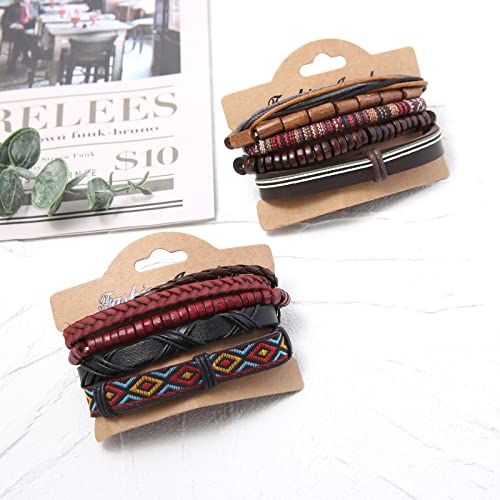 HZMAN Handmade Hemp Cords Wood Beads Leather Bracelets for Men Women - style: 2Pcs Leather Bracelets