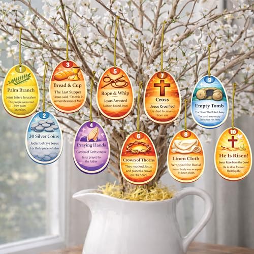 Christian Easter Egg Ornaments Set of 10 – Resurrection Story Easter Tree Decorations, Religious Easter Decor with Bible Story of Jesus Resurrection, Christian Easter Ornament for Family Church Decor - color: Kat-k-10pc Easter Story Ornament