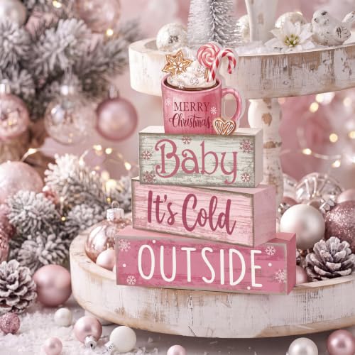 Moucuny 4 Pcs Pink Christmas Table Decor Wooden Hot Chocolate Cocoa Decor - style: Baby, It’s Cold Outside