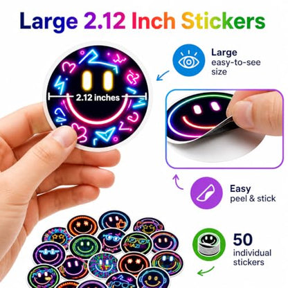 Neon Smiley Face Stickers for Kids, 50 Pcs, 2.12 Inch Waterproof - color: Neon Smiley
