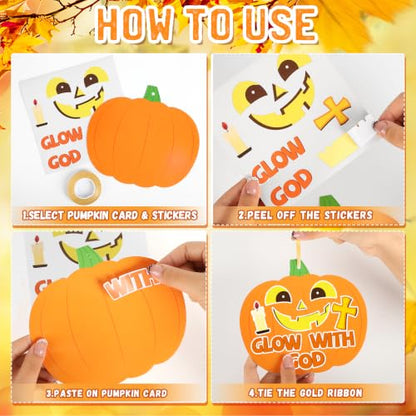 32 Pcs Pumpkin Halloween Fall Crafts for Kids DIY Jesus Cross Hanging Ornaments Decorations Pumpkin Stickers Kit with Ribbons for Thanksgiving Religious Christian Party Favors Sunday School Activities