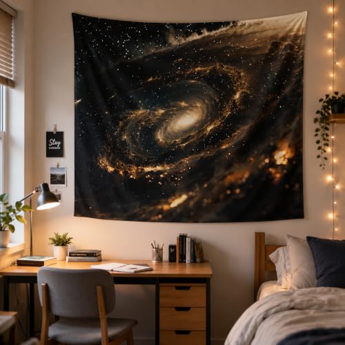 Golden Galaxy Black Hole Tapestry, Cosmic Nebula Bedroom Wall Decor 60x50 - color: Black/Gold