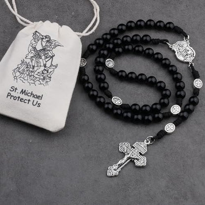 HanlinCC Stone Beads St.Michael Paracord Catholic Rosary with Bag for Men - style: Black Agate