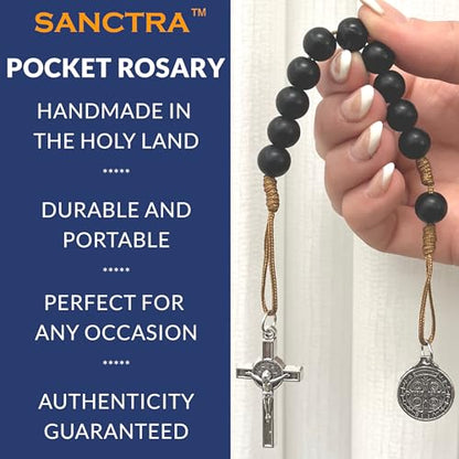 Pocket Rosary, Prayer Beads with Saints Medal and Cross/Crucifix - style: St Benedict, 11 Beads, Black Glass, One Decade