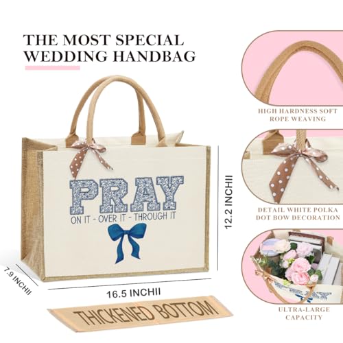 KongMoTree Christian Tote Bags, Coquette Bow Bag with Floral Christians Gifts for Mom, Wife, Sisters, Best Friends - color: Pray on It Over It Through It Blue