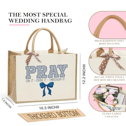KongMoTree Christian Tote Bags, Coquette Bow Bag with Floral Christians Gifts for Mom, Wife, Sisters, Best Friends - color: Pray on It Over It Through It Blue