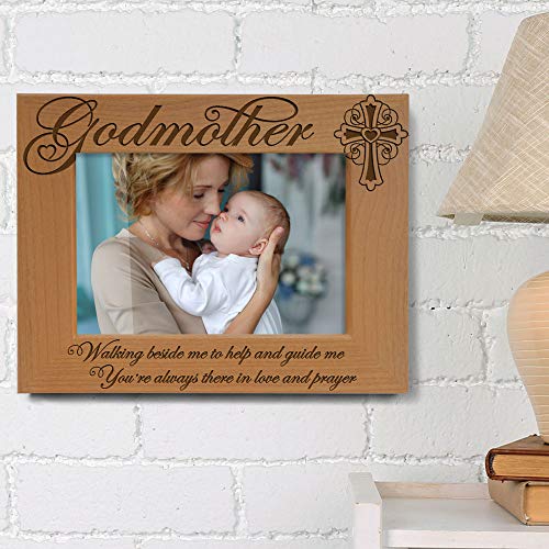 KATE POSH - Godmother Engraved Natural Wood Picture Frame, Cross Decor, Baptism and Religious Catholic Gifts, Thank You Gift from Godchild (4" x 6" Horizontal) - size: 4x6 Horizontal (Godmother)