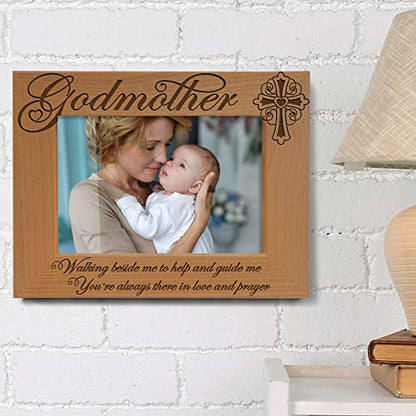 KATE POSH - Godmother Engraved Natural Wood Picture Frame, Cross Decor, Baptism and Religious Catholic Gifts, Thank You Gift from Godchild (4" x 6" Horizontal) - size: 4x6 Horizontal (Godmother)