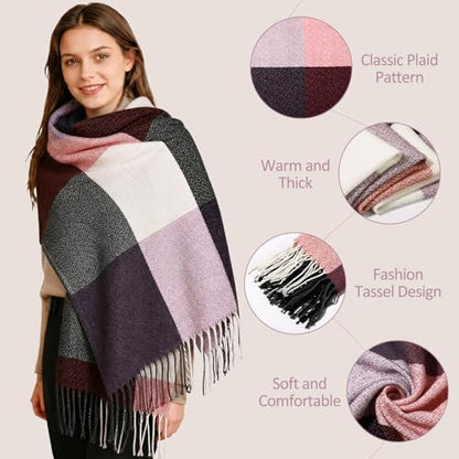 Loritta Winter Scarf for Women, Long Plaid Shawl Wraps Scarves Gifts - color: G-purple Pink Lattice