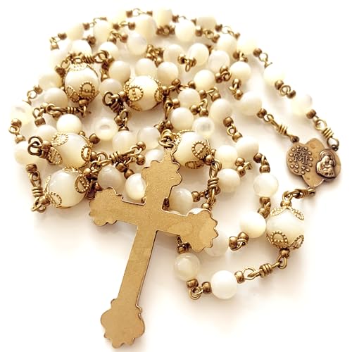 elegantmedical HANDMADE COPPER CATHOLIC ROSARY Moonlight Mother of Pearl Beads necklace Crucifix Cross gift box Gift