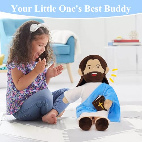 Yelakey Jesus Plush - 13.4“ Voice Jesus Plush Toy Speaking 20 Bible Verses and Singing 3 Bible Songs, Religious Stuffed Doll for Kids, Christian Easter Gift for Church and Sunday School - color: Brownblue